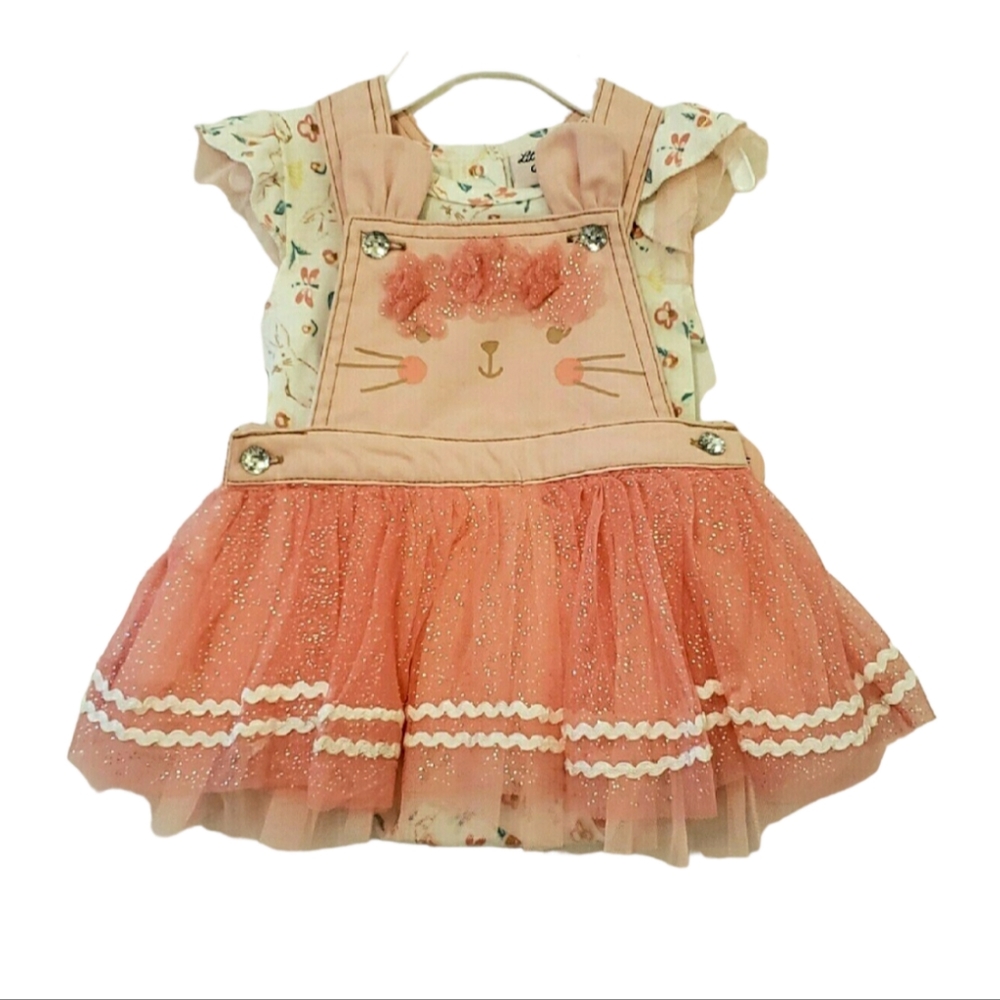 Little Lass Tutu Overall Bunny Dress Coral Peach Size 3-6M 2 pcs Set